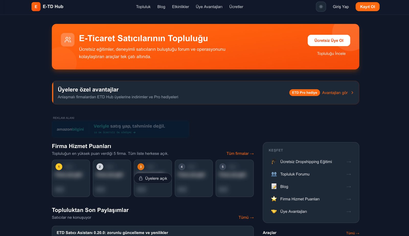E-Ticaret Dayanışma (ETD Hub) ana sayfası: E-Ticaret Satıcılarının Topluluğu başlığı, üyelere özel avantajlar, Firma Hizmet Puanları ve Keşfet menüsü