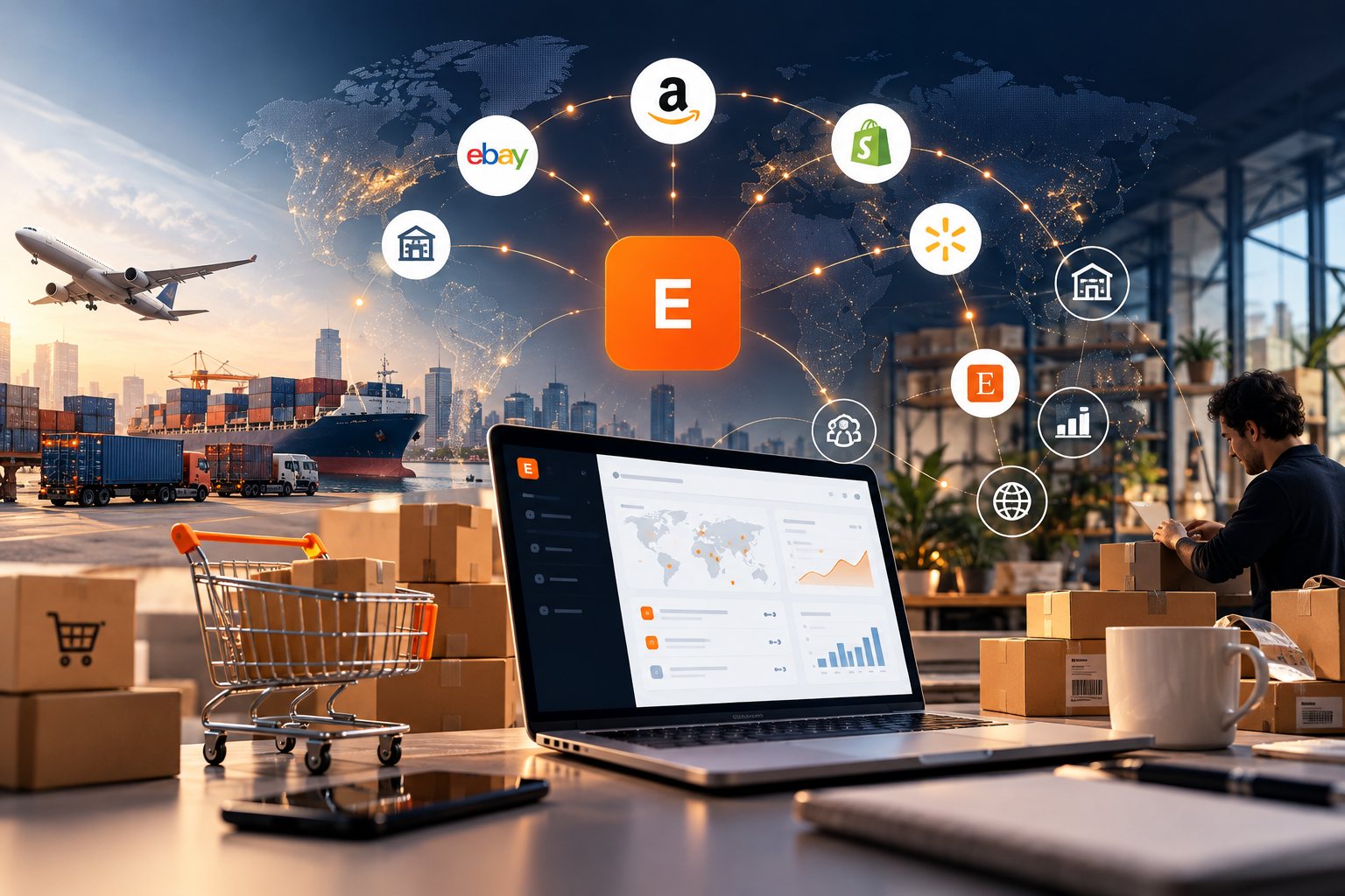 E-Ticaret Dayanışma (ETD Hub) ekosistemi: Amazon, eBay, Shopify, Etsy ve Walmart kanallarını, lojistiği ve satıcı panelini birbirine bağlayan illüstrasyon