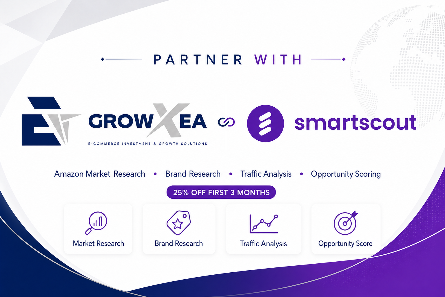 GrowXea ve SmartScout iş birliği görseli: Amazon pazar araştırması, marka araştırması, trafik analizi ve fırsat puanlama