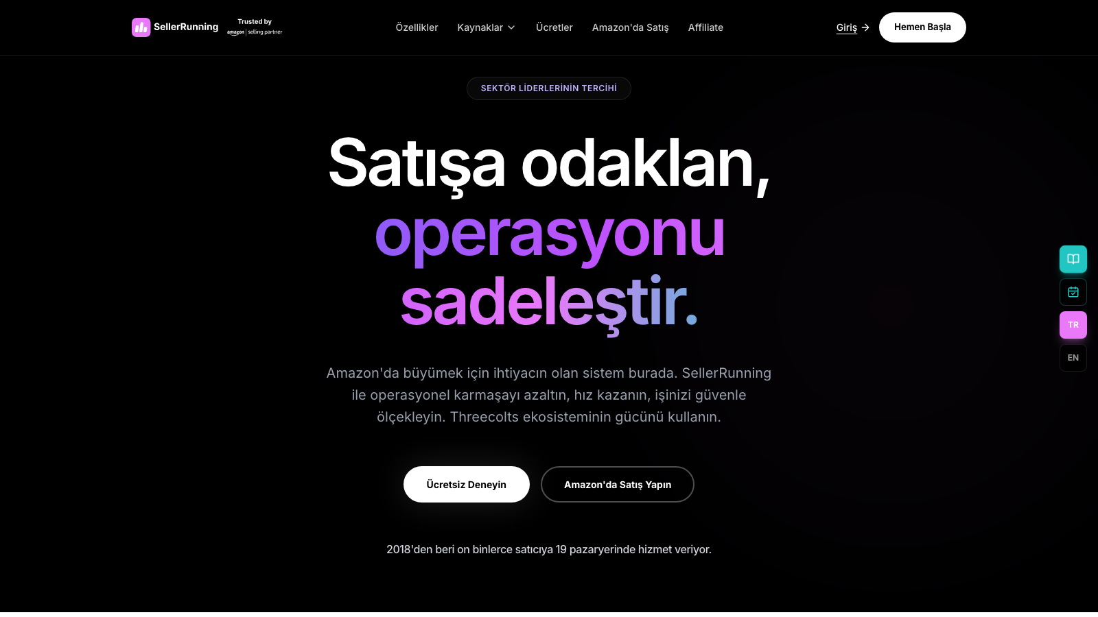 SellerRunning platformunun Türkçe tanıtım ekranı: satışa odaklanma ve operasyon sadeleştirme mesajı